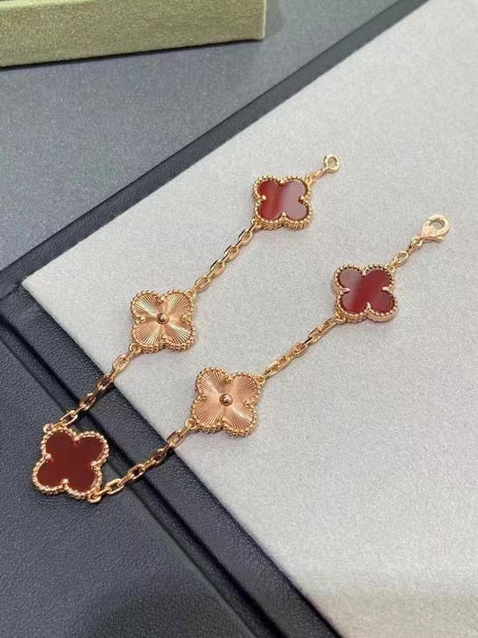 CLOVER BRACELET 5 MOTIFS CARNELIAN PINK GOLD