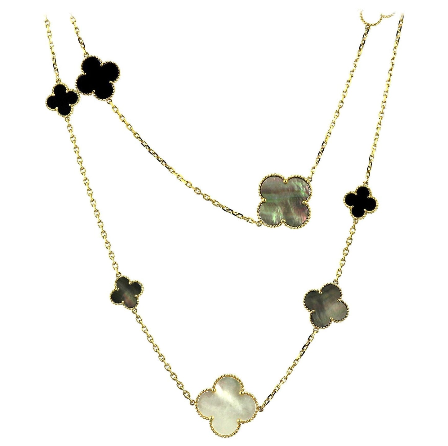 CLOVER ONYX MOP 16 MOTIF GOLD 130CM NECKLACE