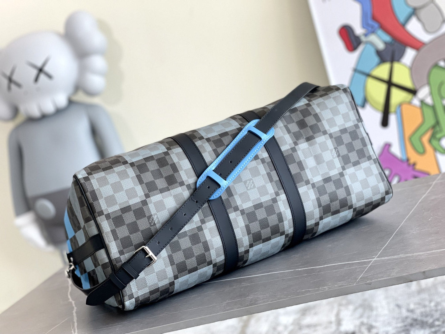 KEEPALL 50 BANDOULIERE BLUE DAMIER GRAPHITE