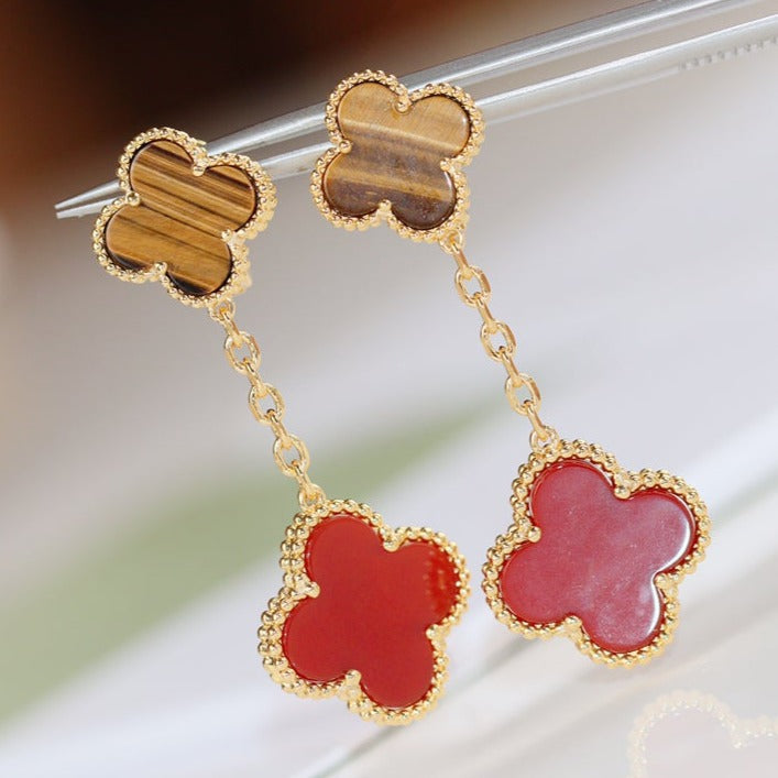 CLOVER EARRINGS GOLD TIGER EYE CARNELIAN 2 MOTIF