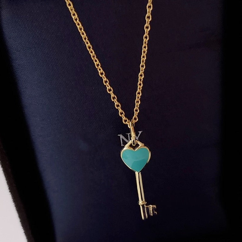 KEY PEDANT TURQUOISE HEART GOLD NECKLACE