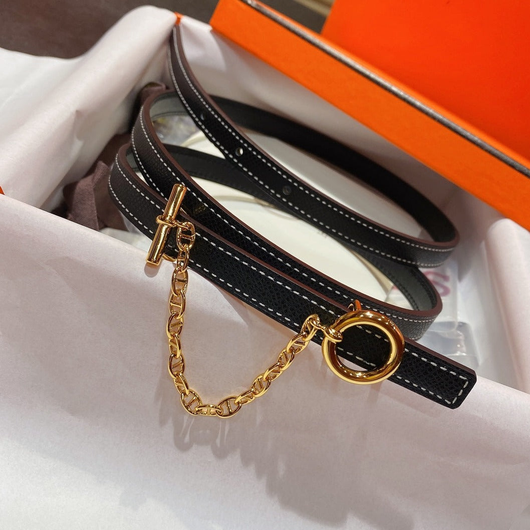 WOMEN'S BELT H GOLD BUCKLE BLACK LEATHER STRAP 1.3CM