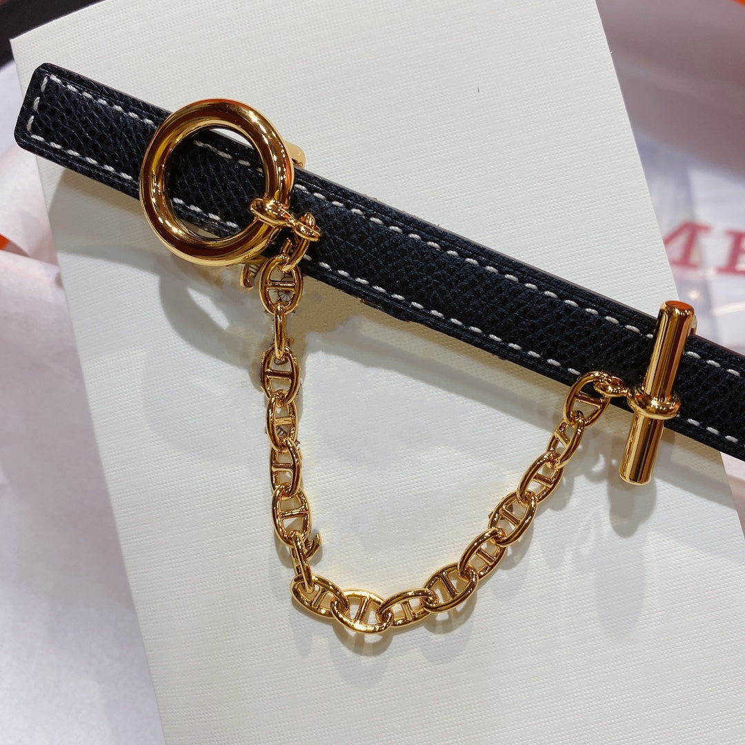 WOMEN'S BELT H GOLD BUCKLE BLACK LEATHER STRAP 1.3CM