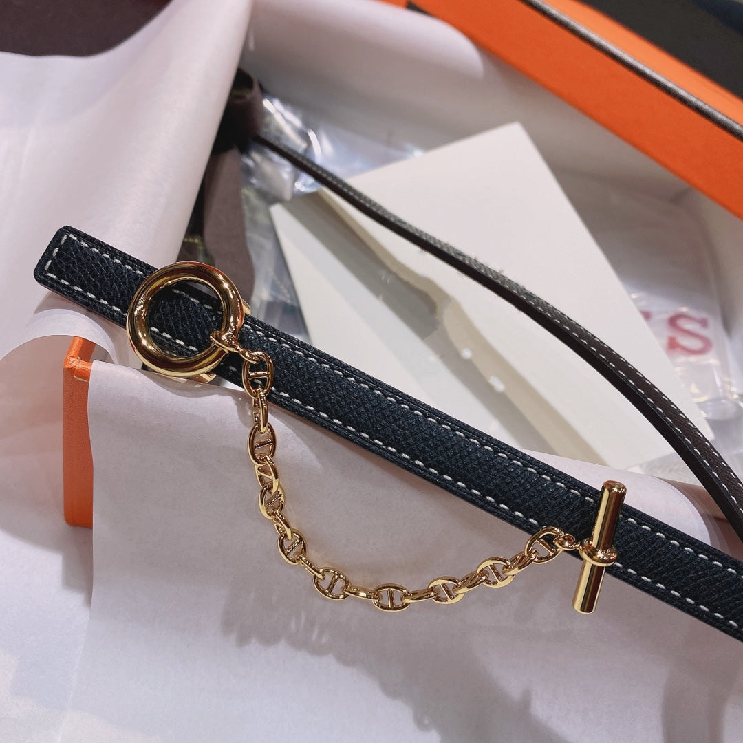 WOMEN'S BELT H GOLD BUCKLE BLACK LEATHER STRAP 1.3CM