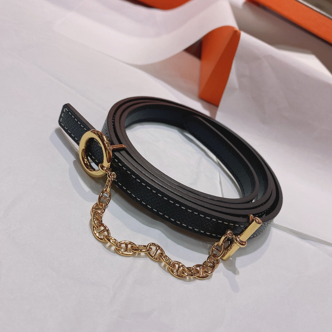 WOMEN'S BELT H GOLD BUCKLE BLACK LEATHER STRAP 1.3CM