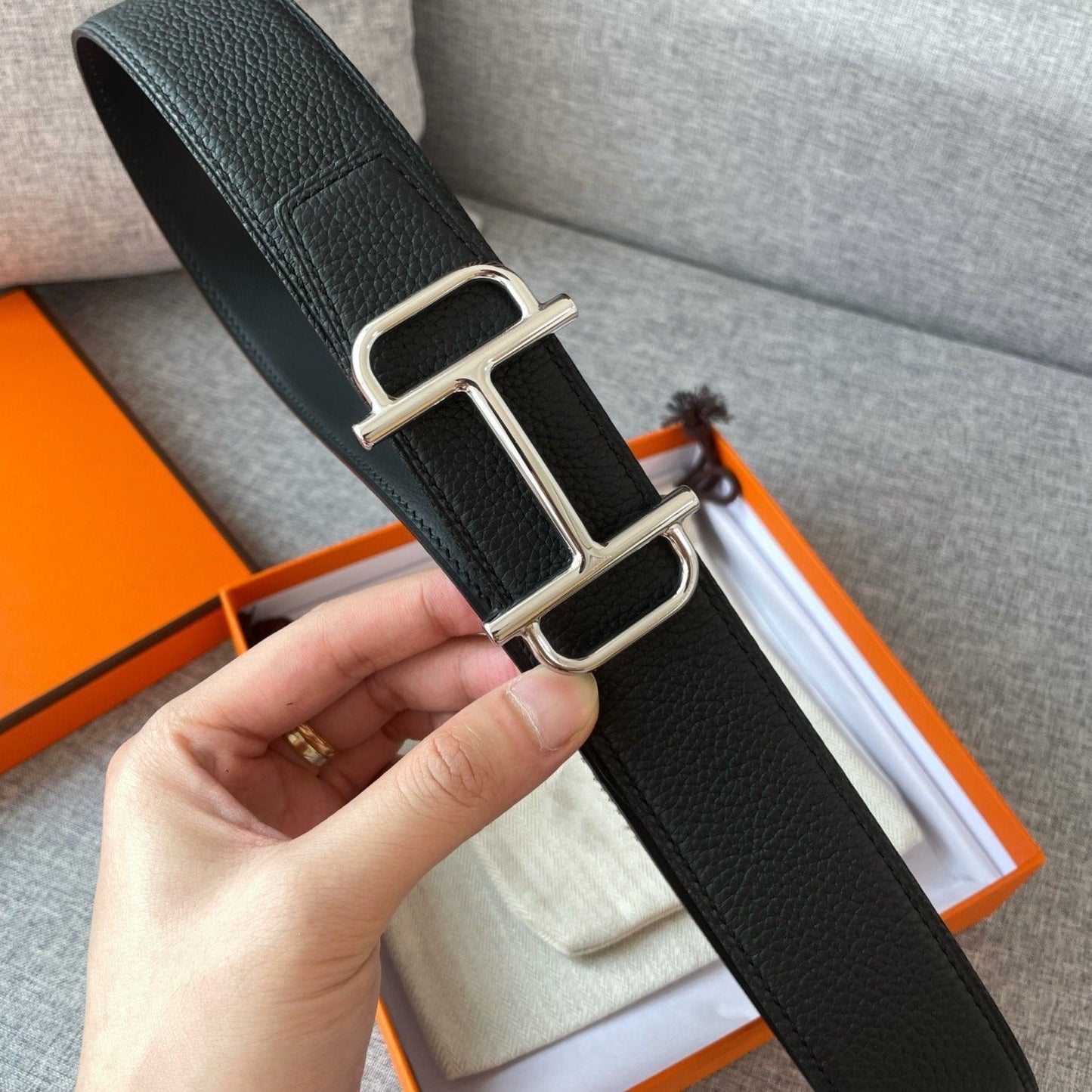 3.8CM  BELT H REVERSIBLE BLACK LEATHER