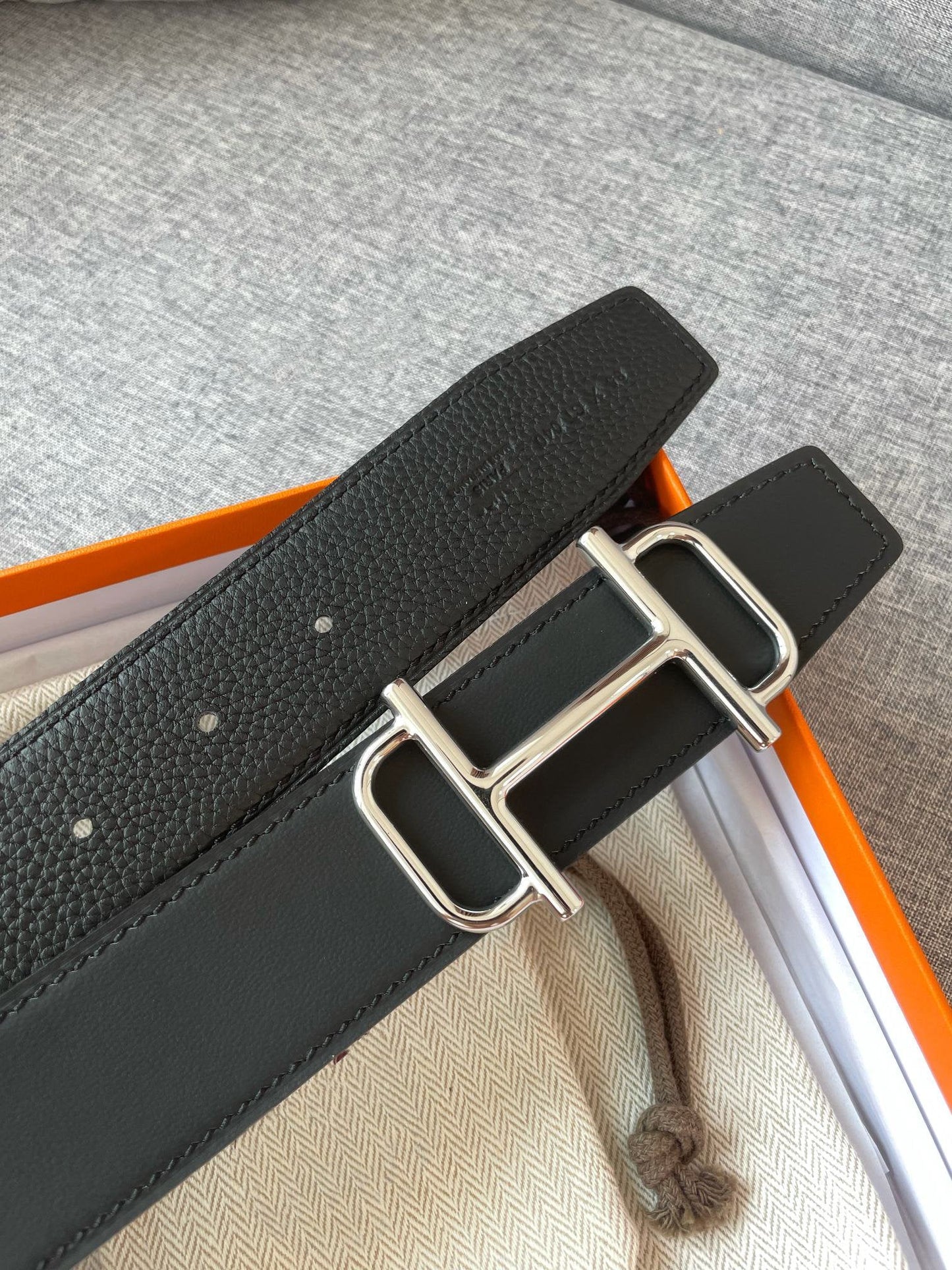 3.8CM  BELT H REVERSIBLE BLACK LEATHER