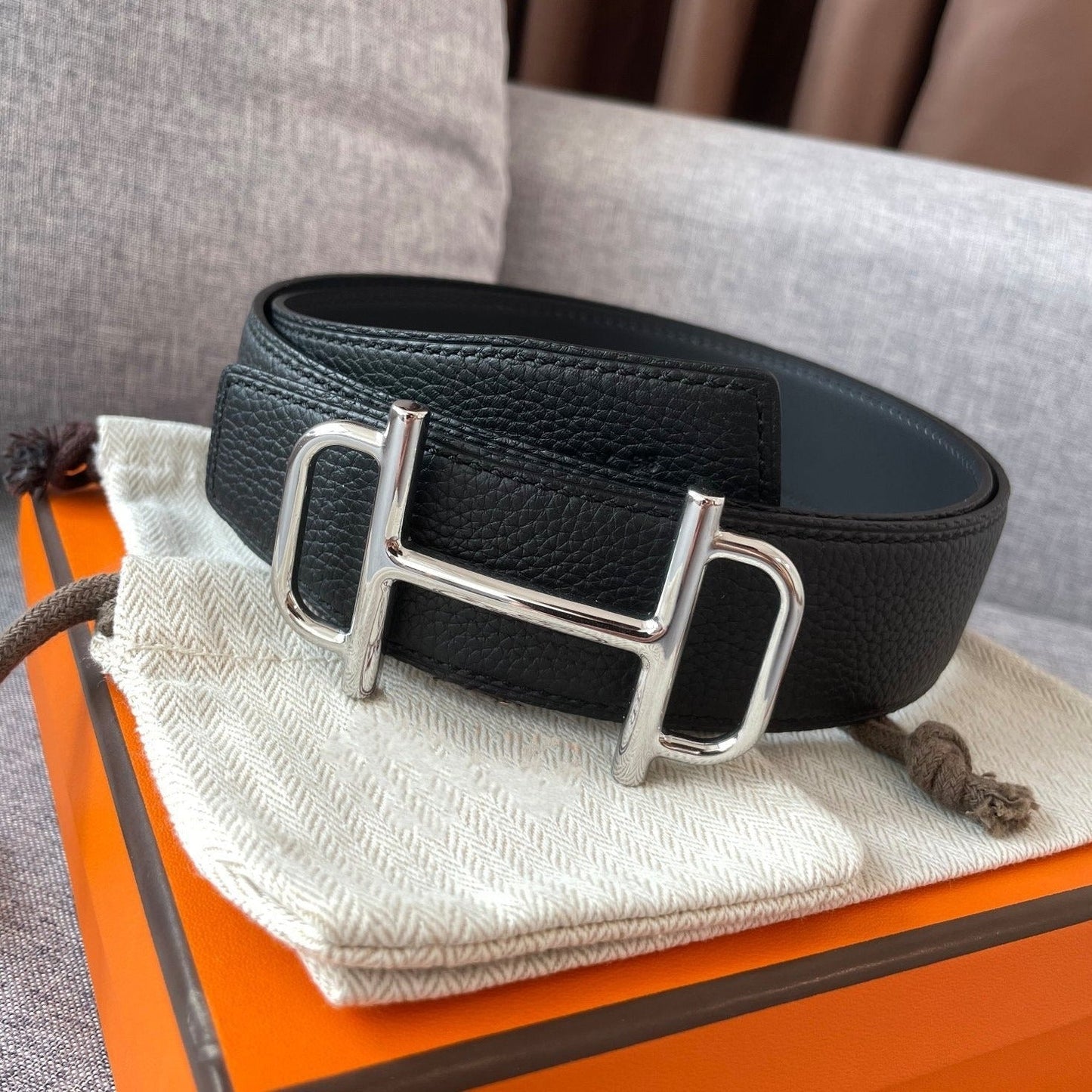 3.8CM  BELT H REVERSIBLE BLACK LEATHER