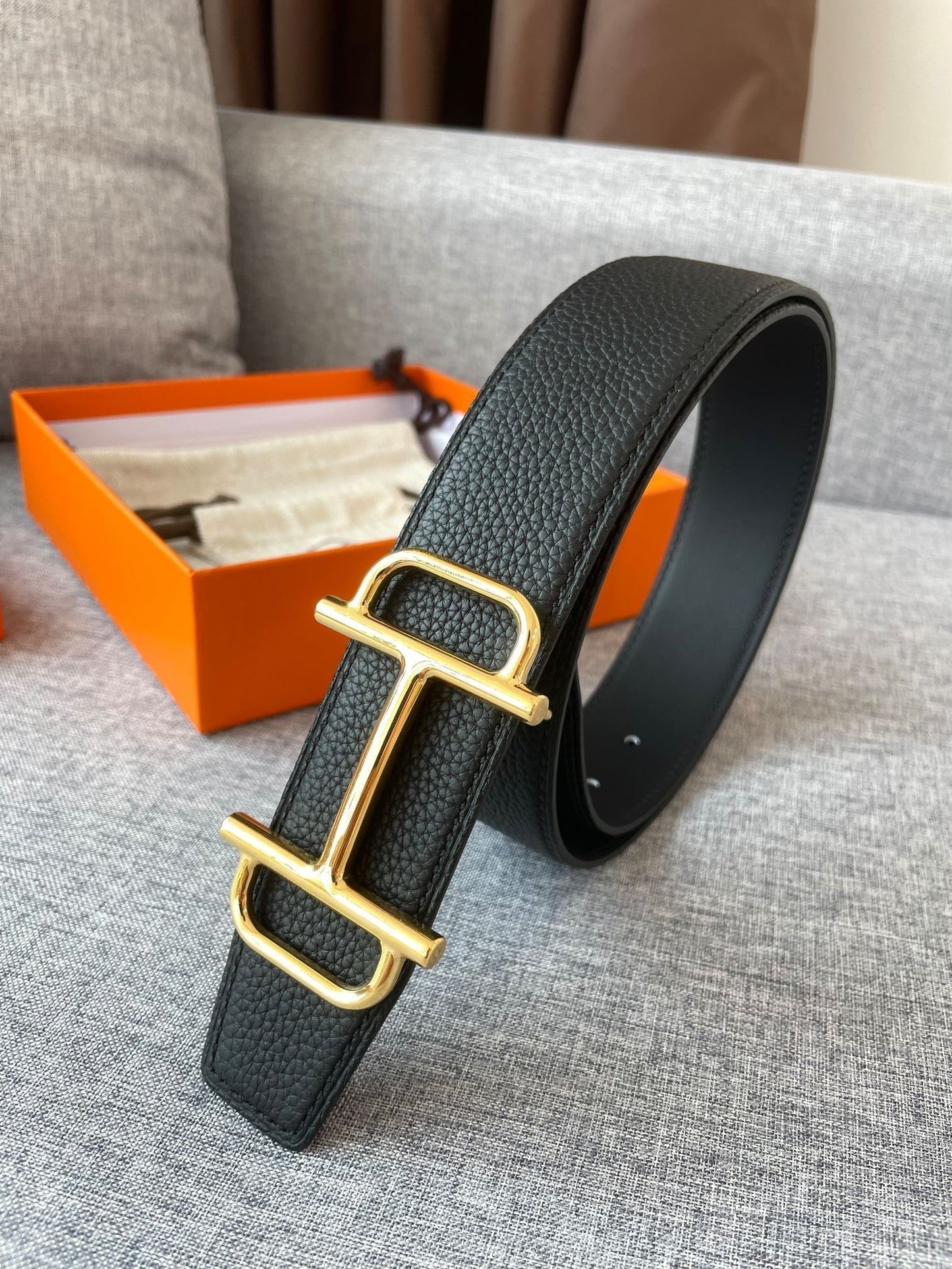 3.8CM  BELT H REVERSIBLE BLACK LEATHER