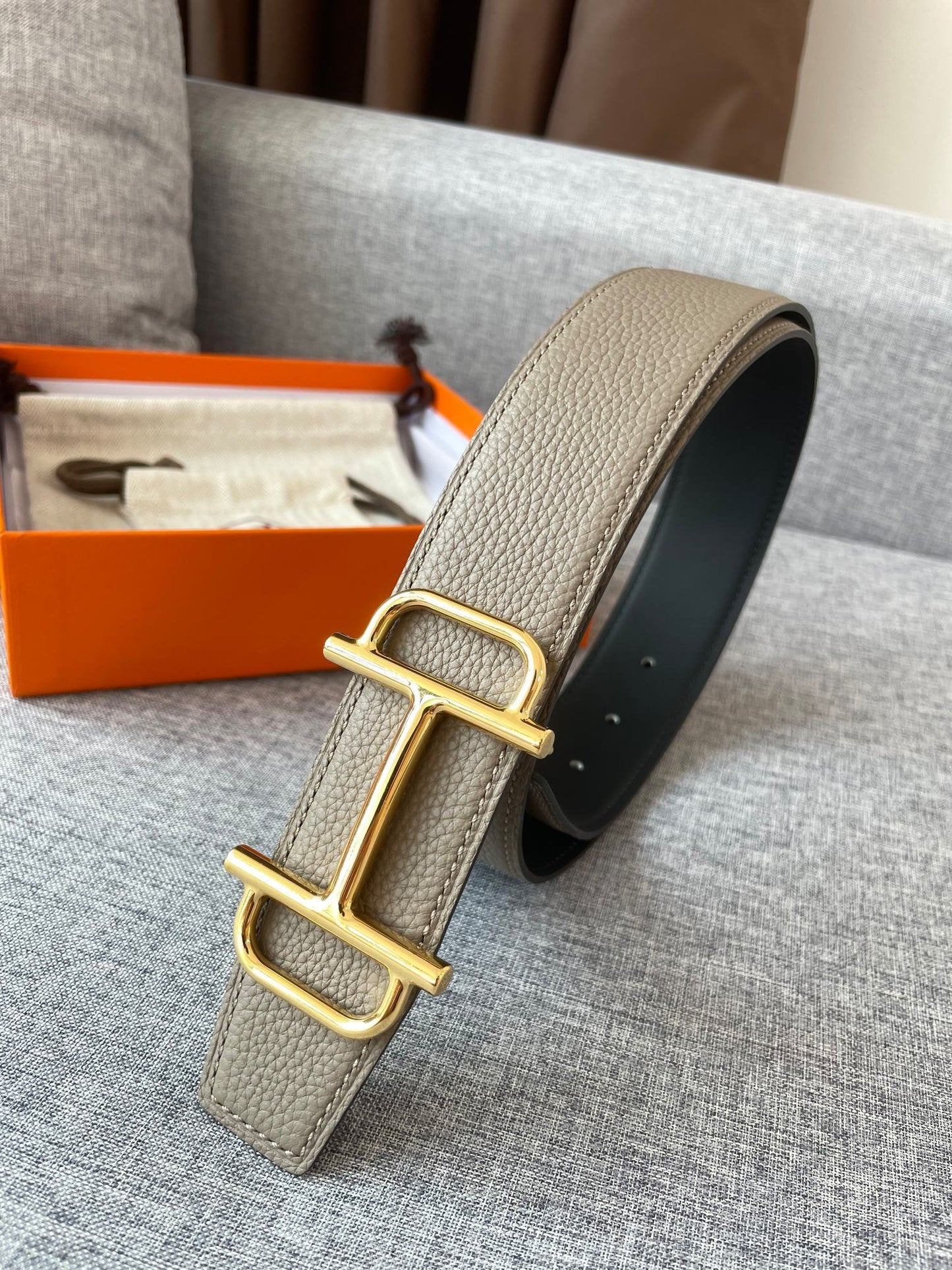 3.8CM  BELT H REVERSIBLE BLACK GREY LEATHER