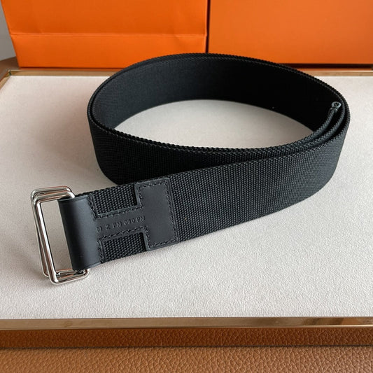 4.0CM BLACK TEXTILE  BLACK LEATHER H BELT