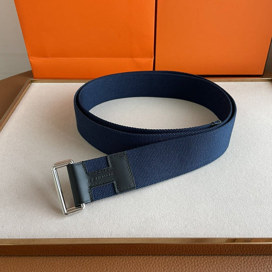 4.0CM BLUE TEXTILE  BLACK LEATHER H BELT