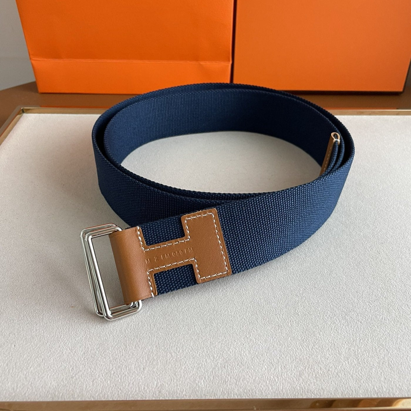 4.0CM BLUE TEXTILE  BROWN LEATHER H BELT