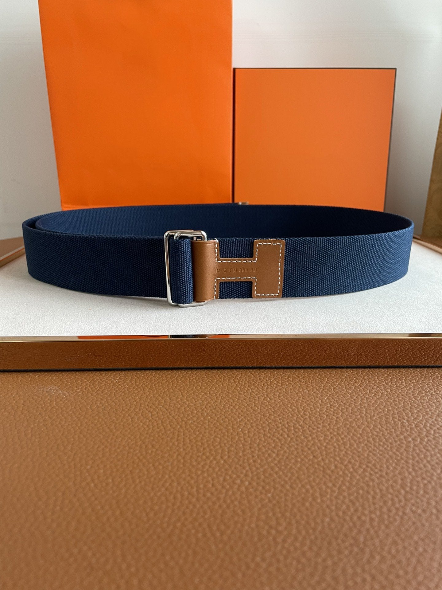 4.0CM BLUE TEXTILE  BROWN LEATHER H BELT