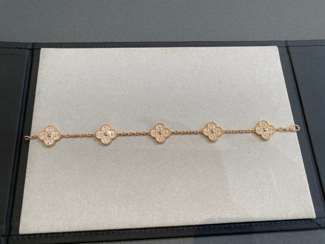 CLOVER 5 MOTIFS PINK GOLD DIAMOND BRACELET