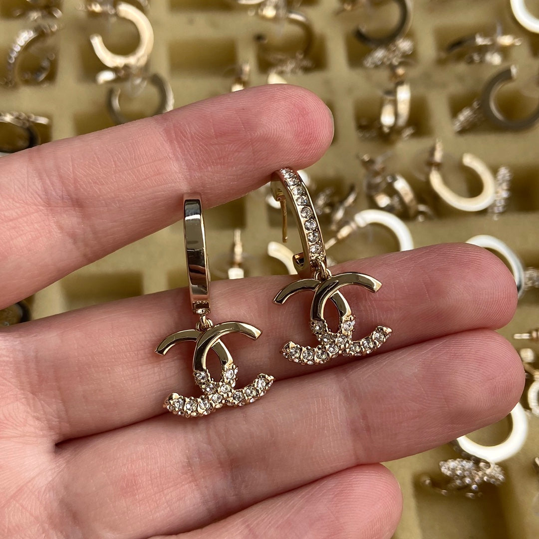 CC HALF DIAMOND PINK GOLD DROP EARRINGS