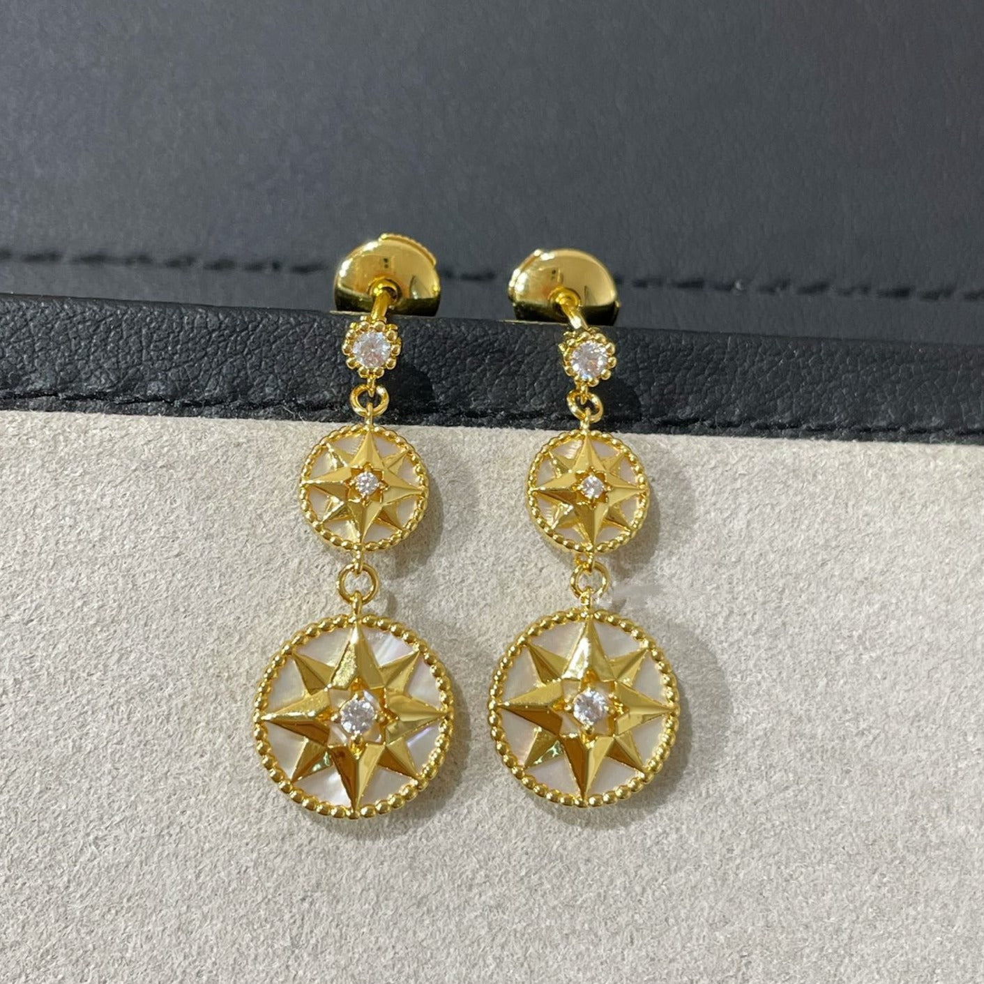 LUCKY STAR GOLD DIAMOND MOP 3 MOTIF DROP EARRINGS