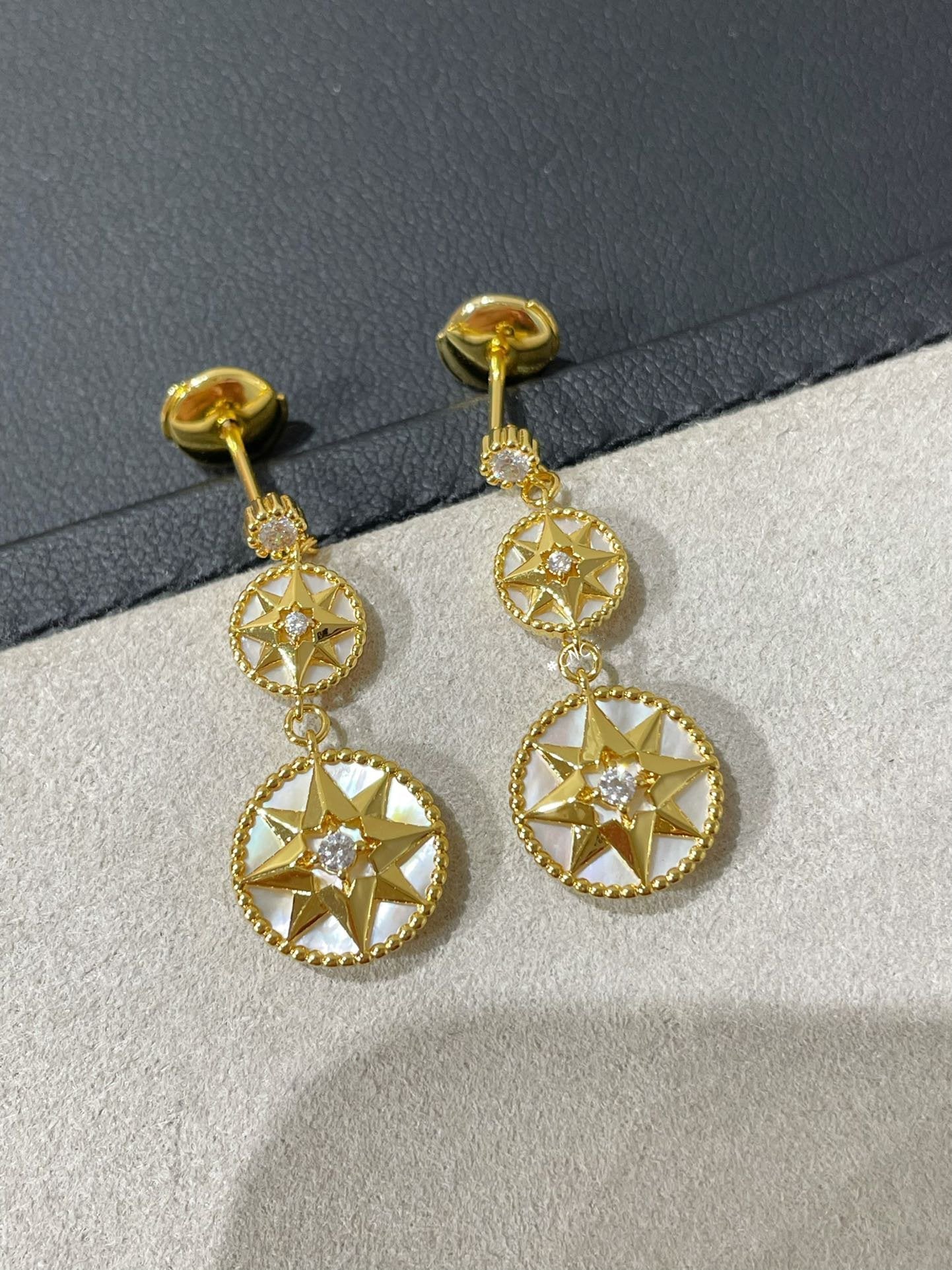 LUCKY STAR GOLD DIAMOND MOP 3 MOTIF DROP EARRINGS