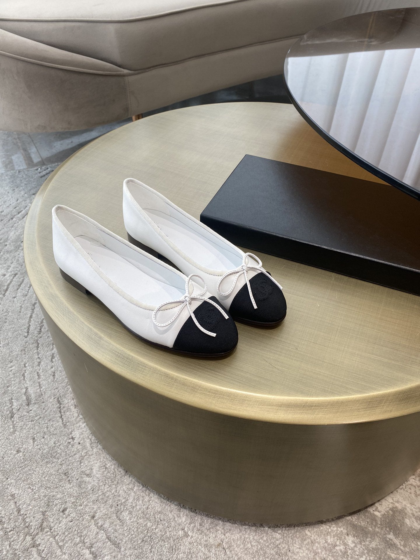 ballet flats white black lambskin canvas