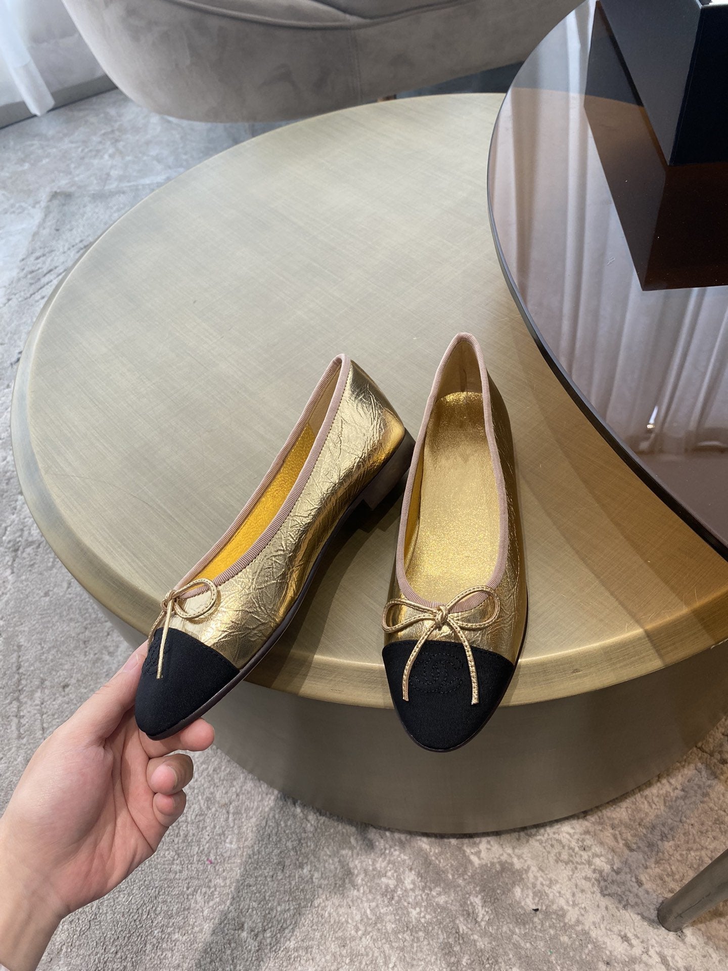 ballet flats gold black lambskin canvas