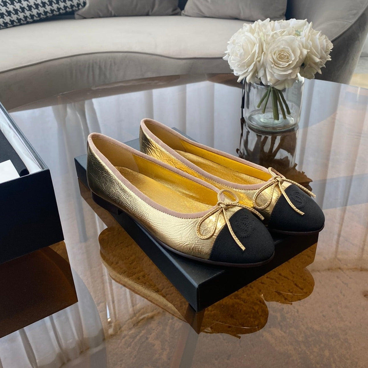 ballet flats gold black lambskin canvas