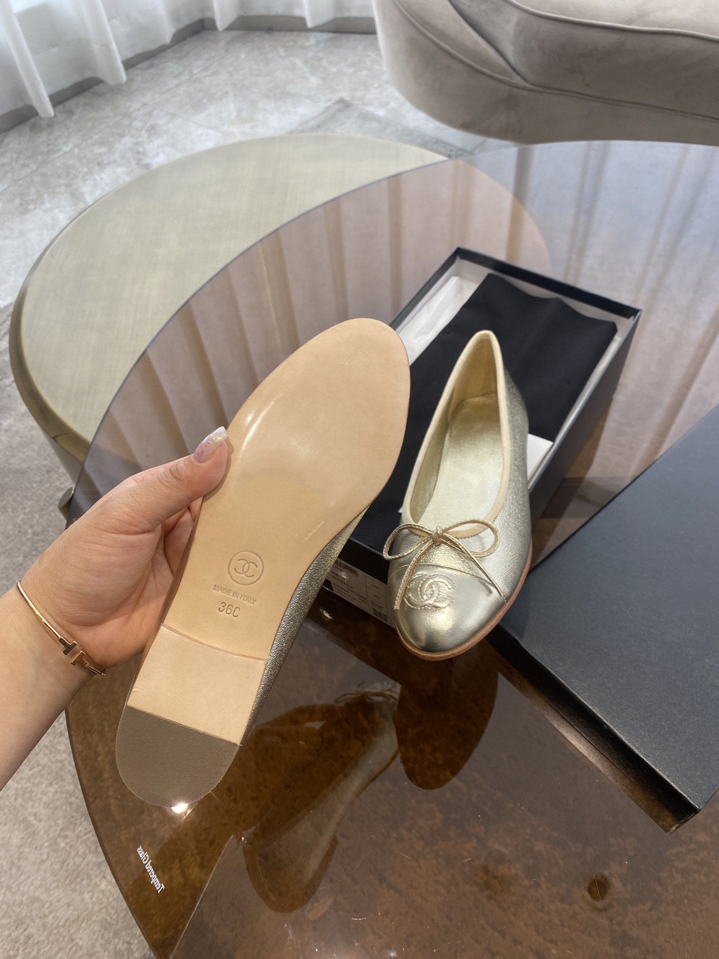 ballet flat gold metalic lambskin patent calfskin