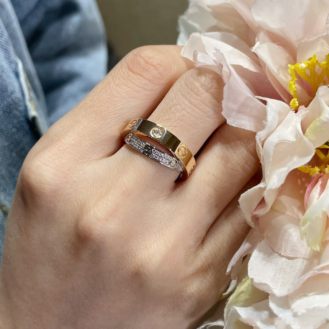 LOVE PINK GOLD SILVER DIAMOND DOUBLE RING