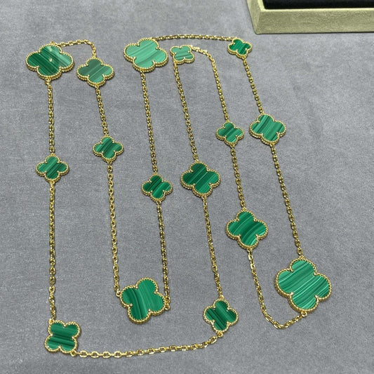 CLOVER 16 MOTIF MALACHITE PINK GOLD NECKLACE