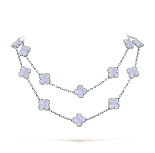 CLOVER 20 MOTIF CHALCEDONY 86CM SILVER NECKLACE