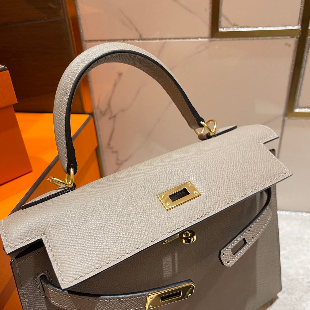 HM KELLY 25CM GREY EPSOM LEATHER GOLD HARDWARE