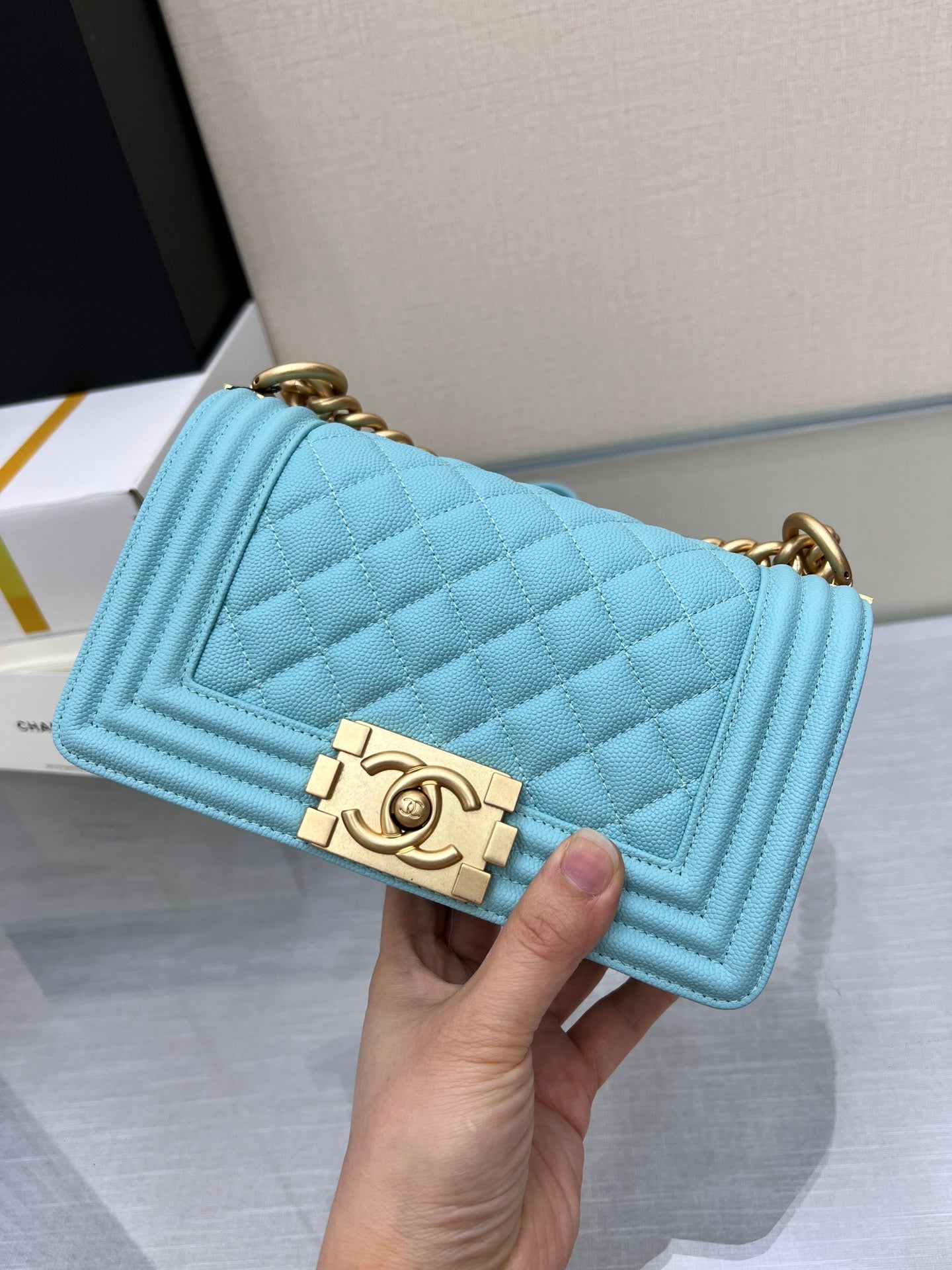 BOY BAG SMALL 20 CLOUD BLUE CAVIAR GOLD HARDWARE