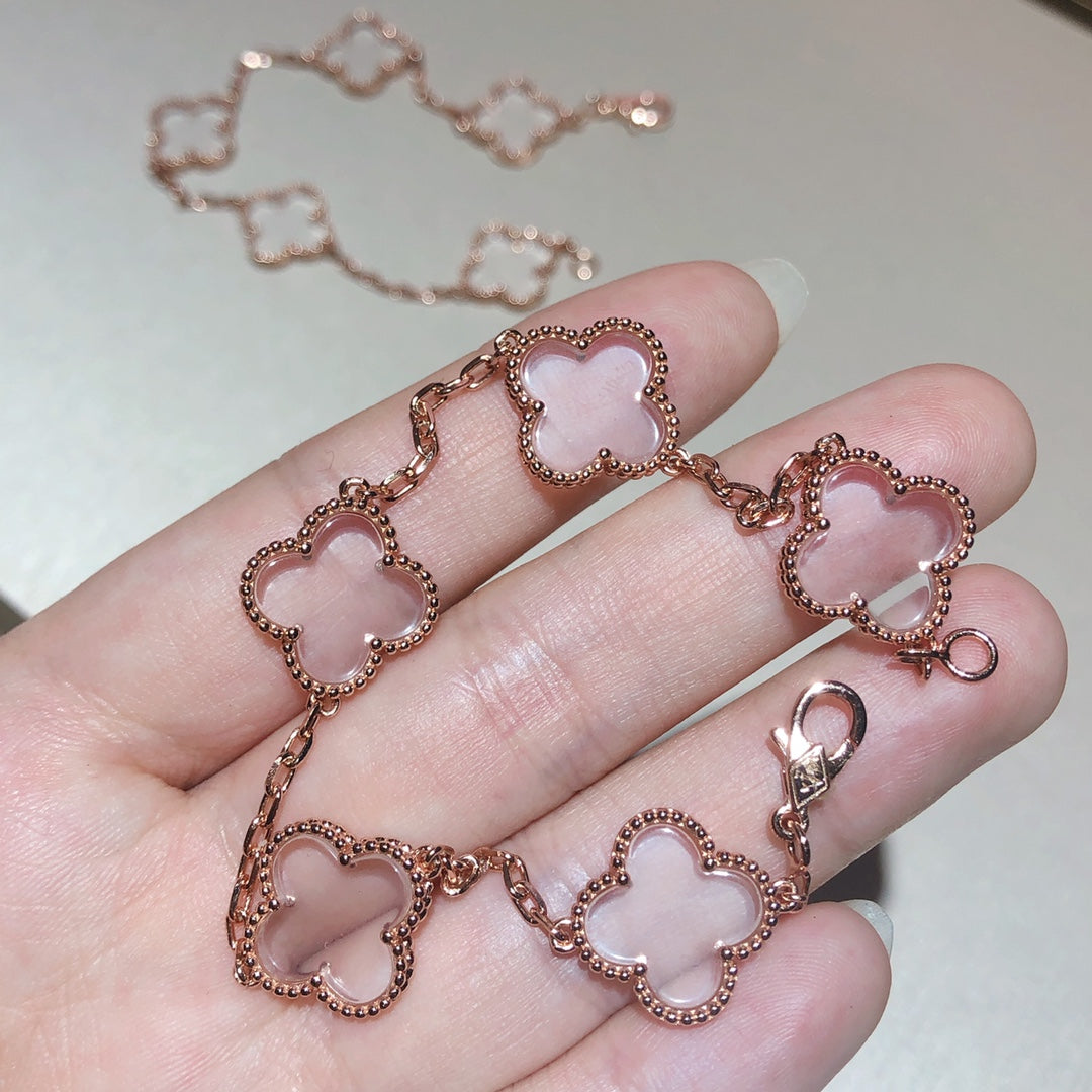 CLOVER 5 MOTIF ROCK CRYSTAL PINK GOLD BRACELET