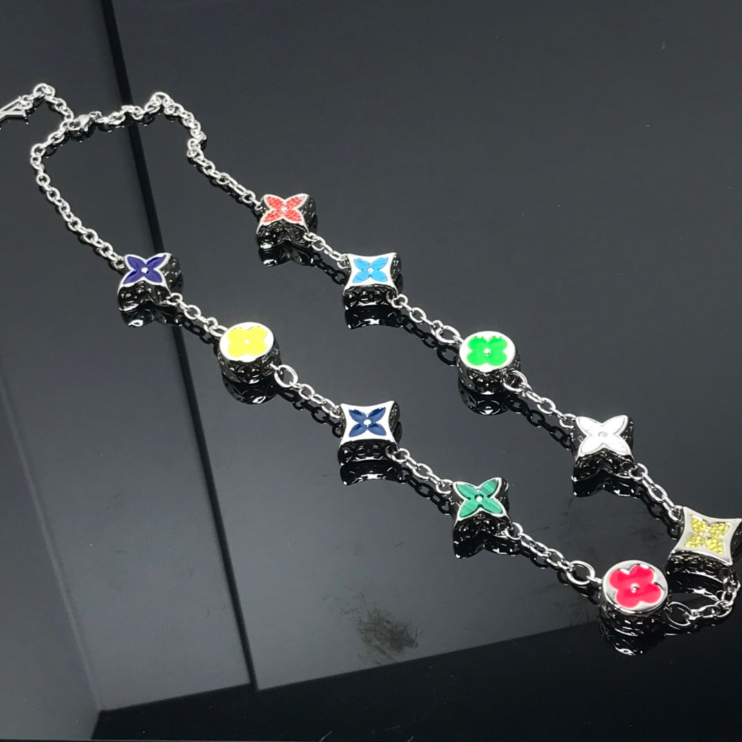 STAR AND SUN MULTICOLOR CHAIN SILVER NECKLACE