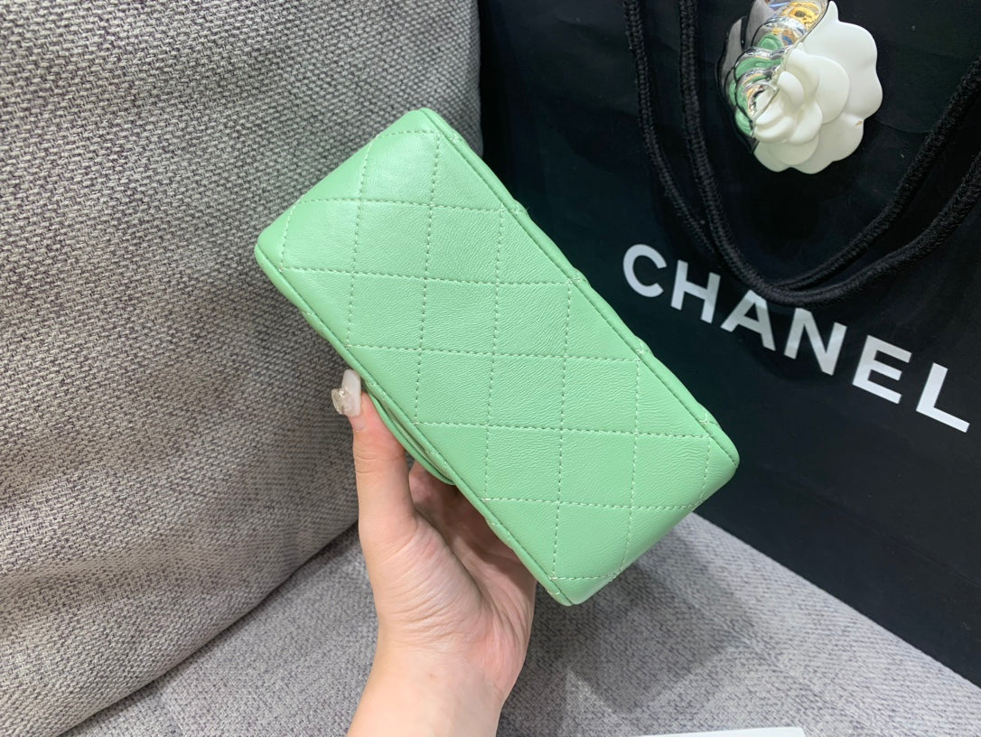 MINI SQUARE FLAP BAG 17CM LIGHT GREEN LAMBSKIN GOLD HARDWARE