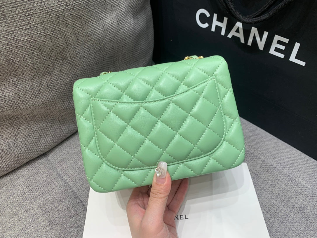 MINI SQUARE FLAP BAG 17CM LIGHT GREEN LAMBSKIN GOLD HARDWARE