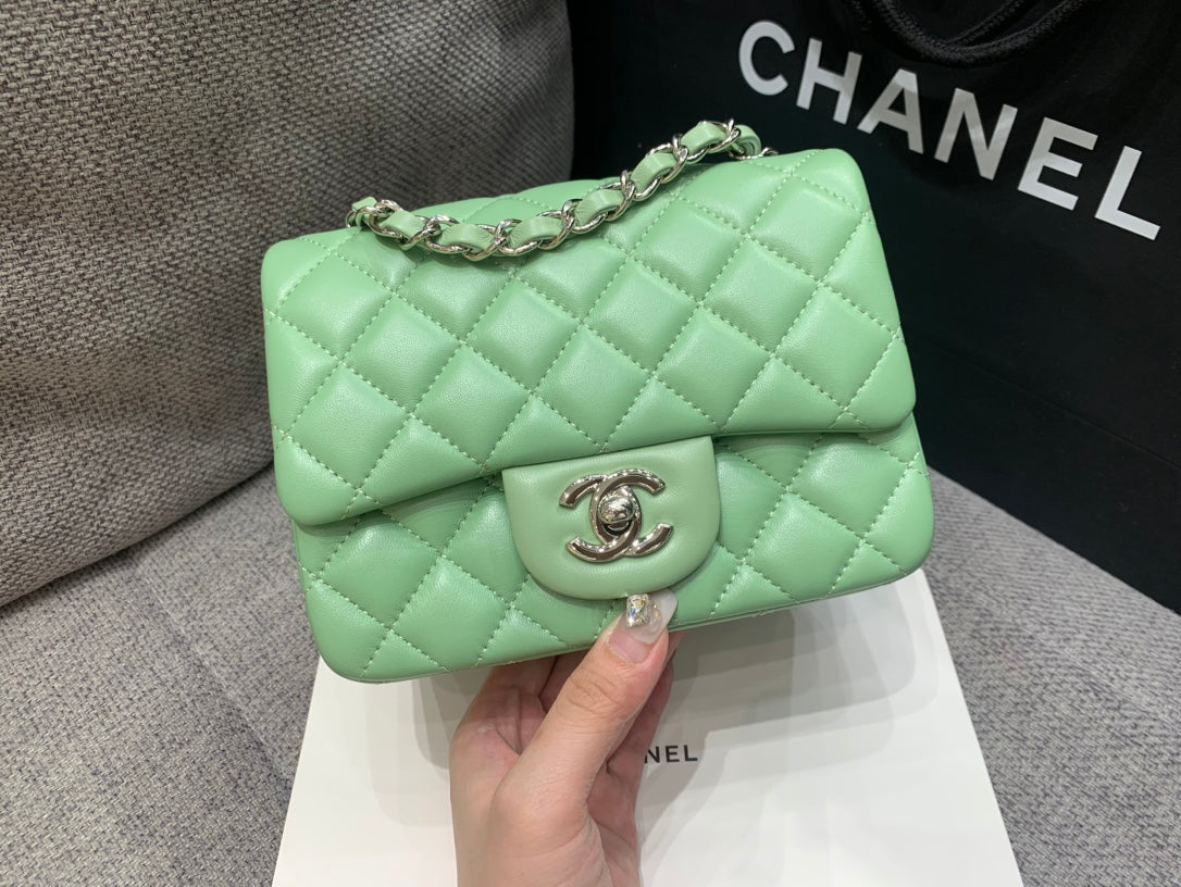 MINI SQUARE FLAP BAG 17CM LIGHT GREEN LAMBSKIN SILVER HARDWARE