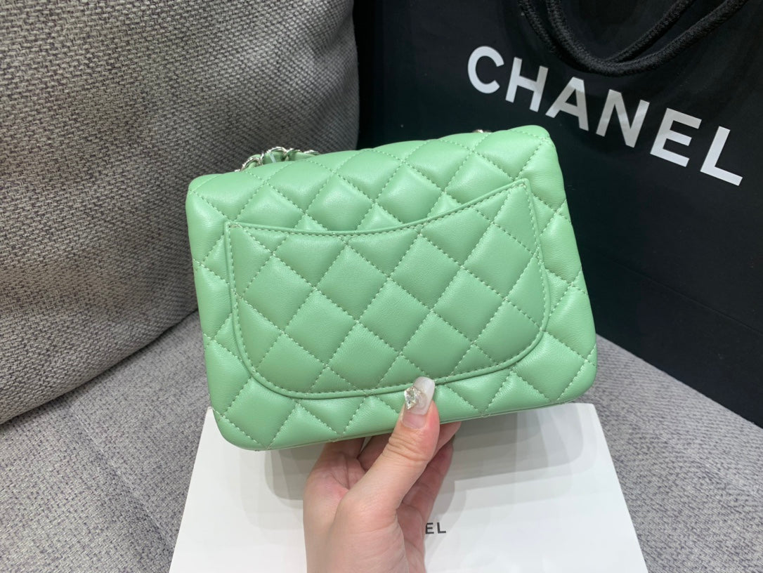 MINI SQUARE FLAP BAG 17CM LIGHT GREEN LAMBSKIN SILVER HARDWARE