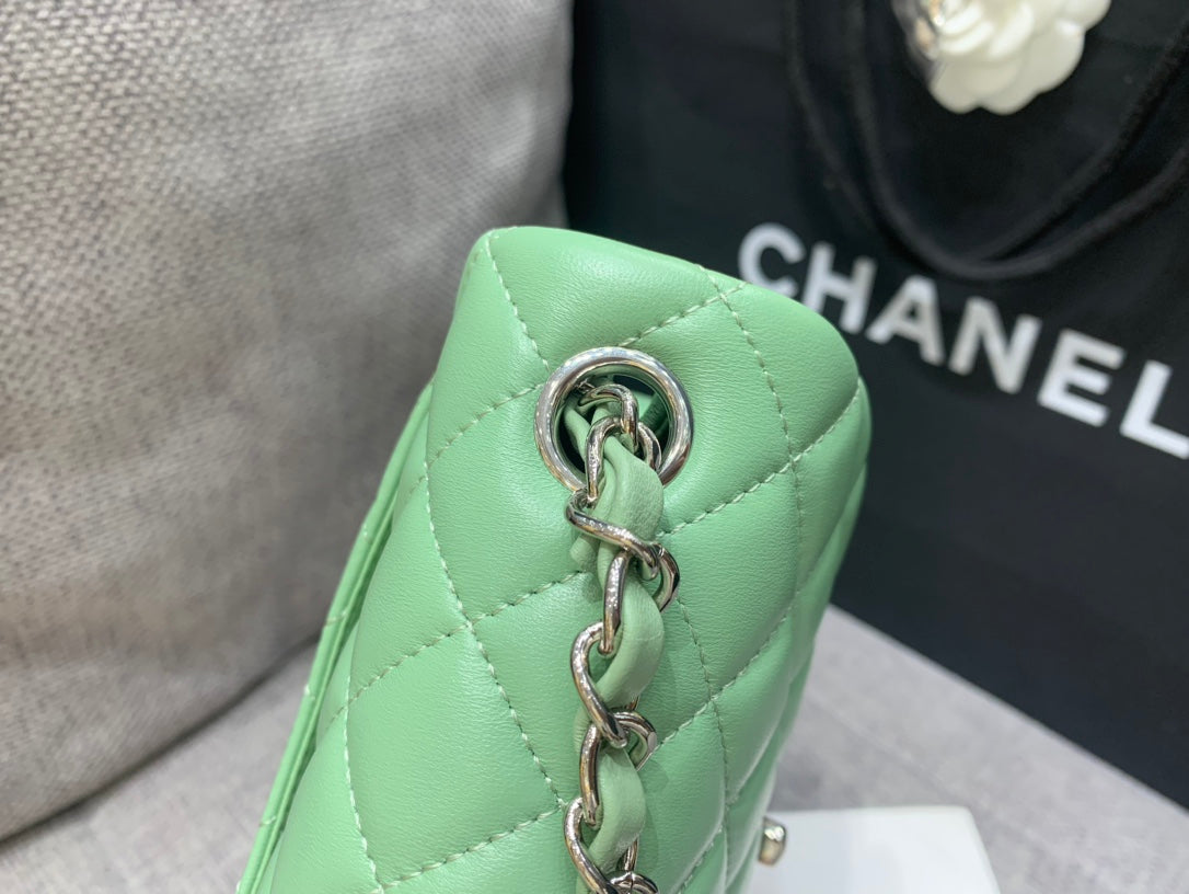 MINI SQUARE FLAP BAG 17CM LIGHT GREEN LAMBSKIN SILVER HARDWARE