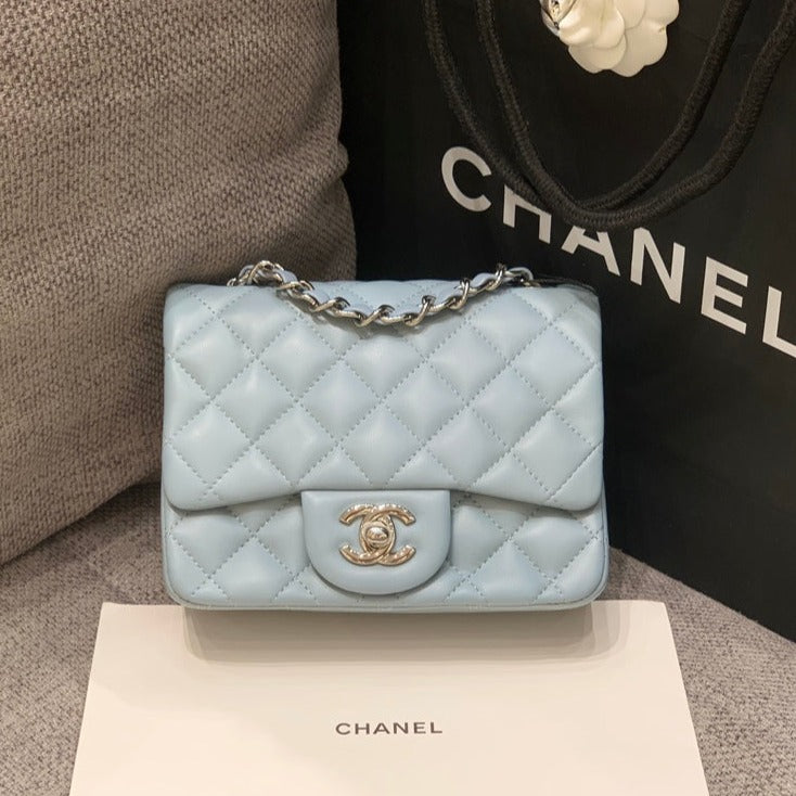 MINI SQUARE FLAP BAG 17CM CLOUD BLUE LAMBSKIN SILVER HARDWARE