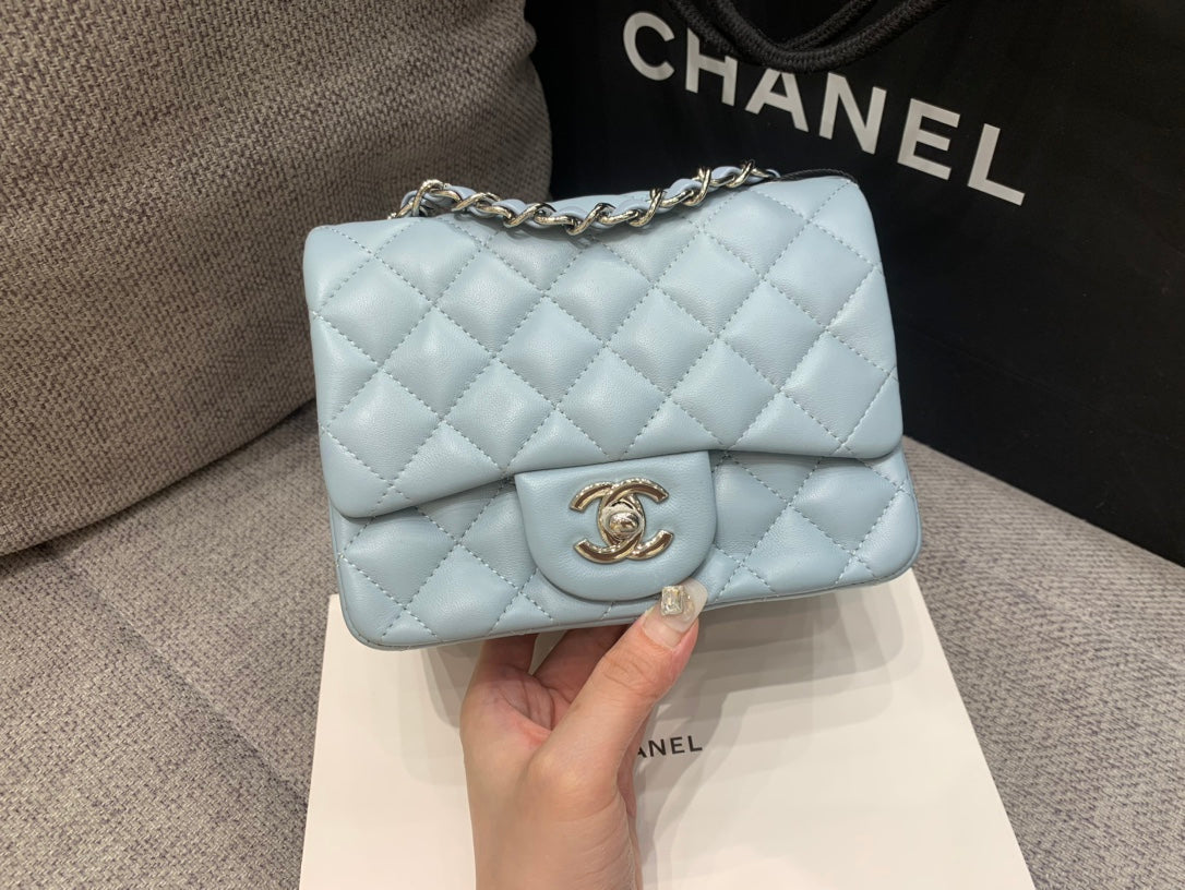 MINI SQUARE FLAP BAG 17CM CLOUD BLUE LAMBSKIN SILVER HARDWARE