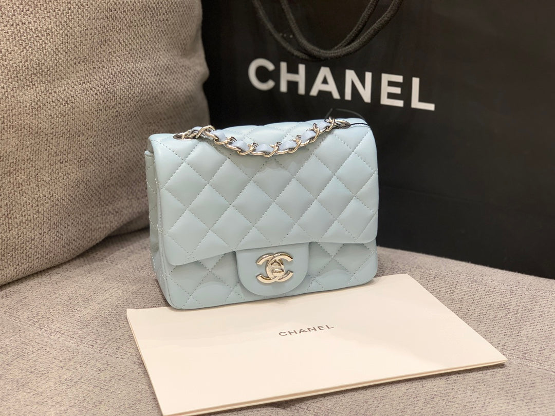 MINI SQUARE FLAP BAG 17CM CLOUD BLUE LAMBSKIN SILVER HARDWARE