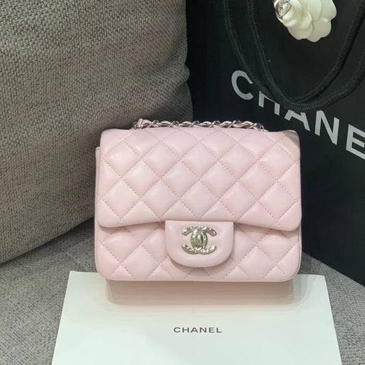 MINI SQUARE FLAP BAG 17CM PINK LAMBSKIN SILVER HARDWARE