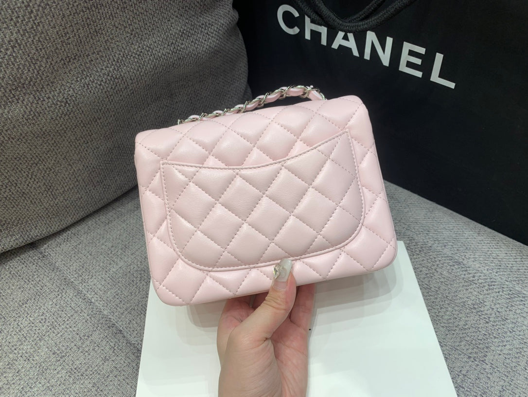 MINI SQUARE FLAP BAG 17CM PINK LAMBSKIN SILVER HARDWARE