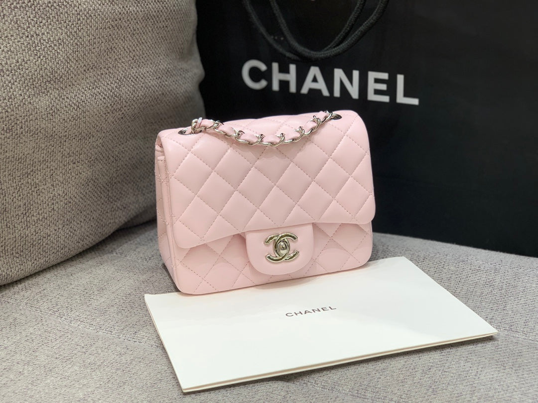 MINI SQUARE FLAP BAG 17CM PINK LAMBSKIN SILVER HARDWARE