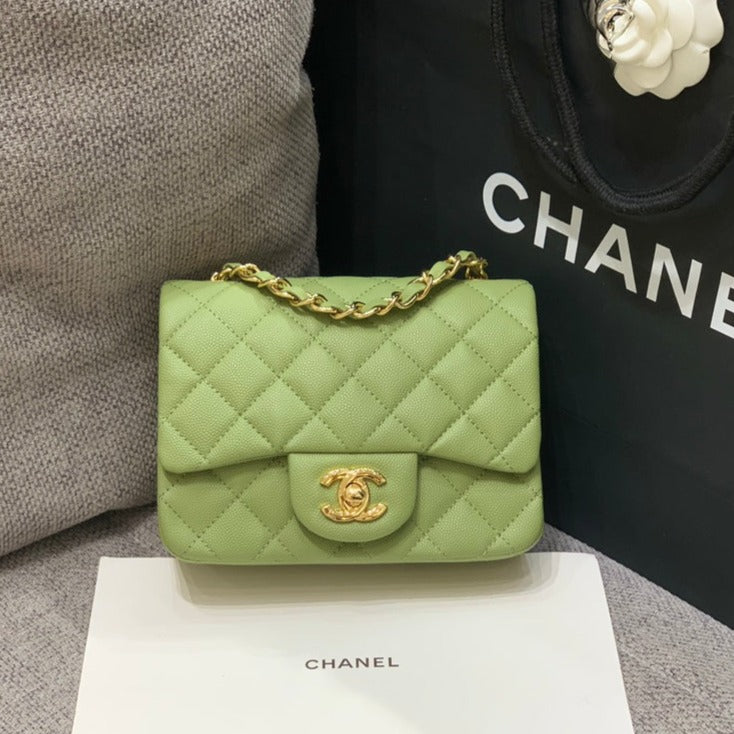 MINI SQUARE FLAP BAG 17CM GREEN CAVIAR GOLD HARDWARE