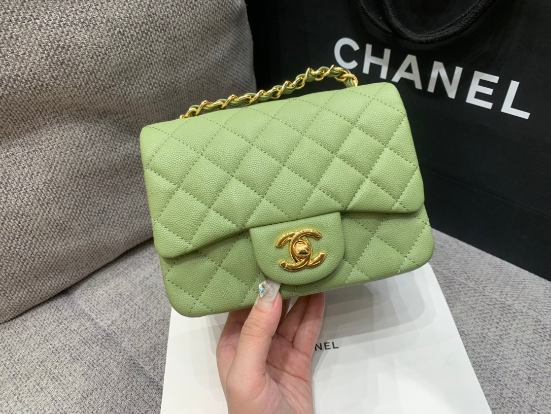 MINI SQUARE FLAP BAG 17CM GREEN CAVIAR GOLD HARDWARE