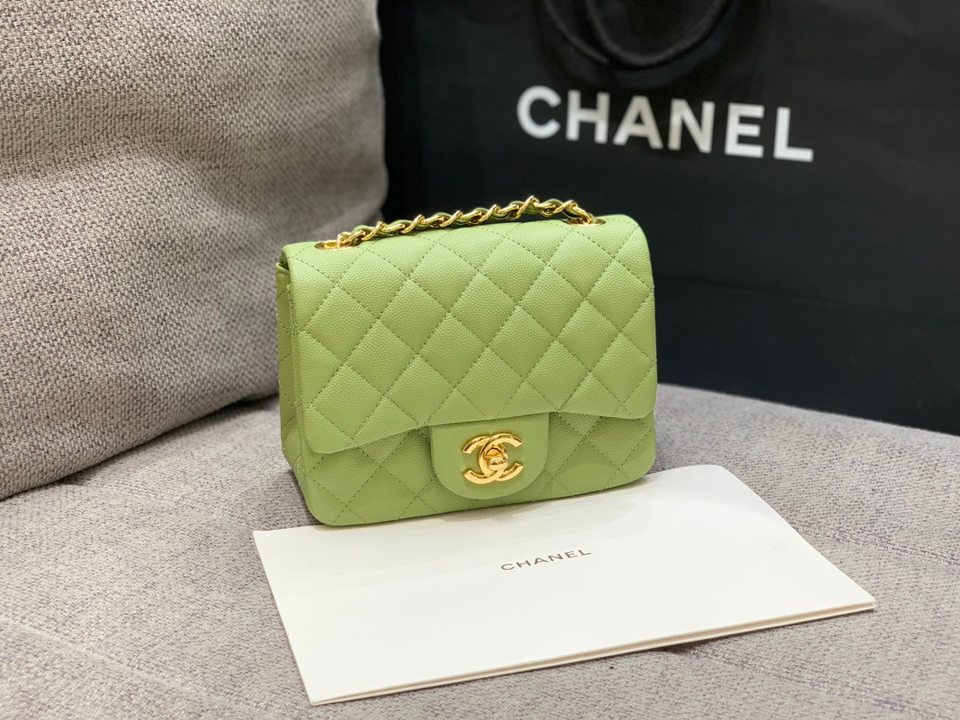 MINI SQUARE FLAP BAG 17CM GREEN CAVIAR GOLD HARDWARE