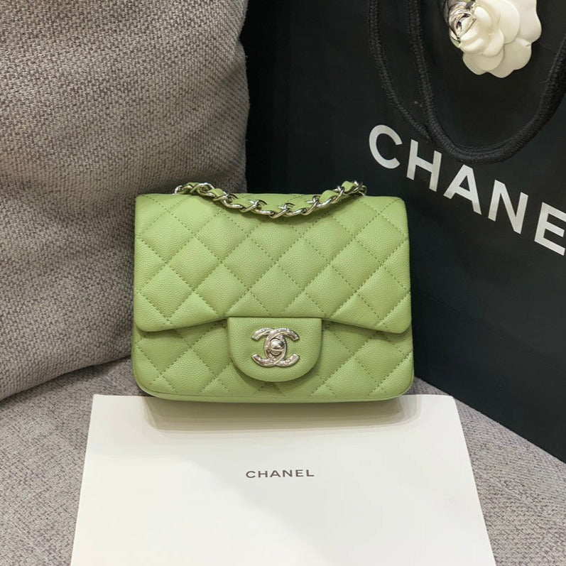 MINI SQUARE FLAP BAG 17CM GREEN CAVIAR SILVER HARDWARE