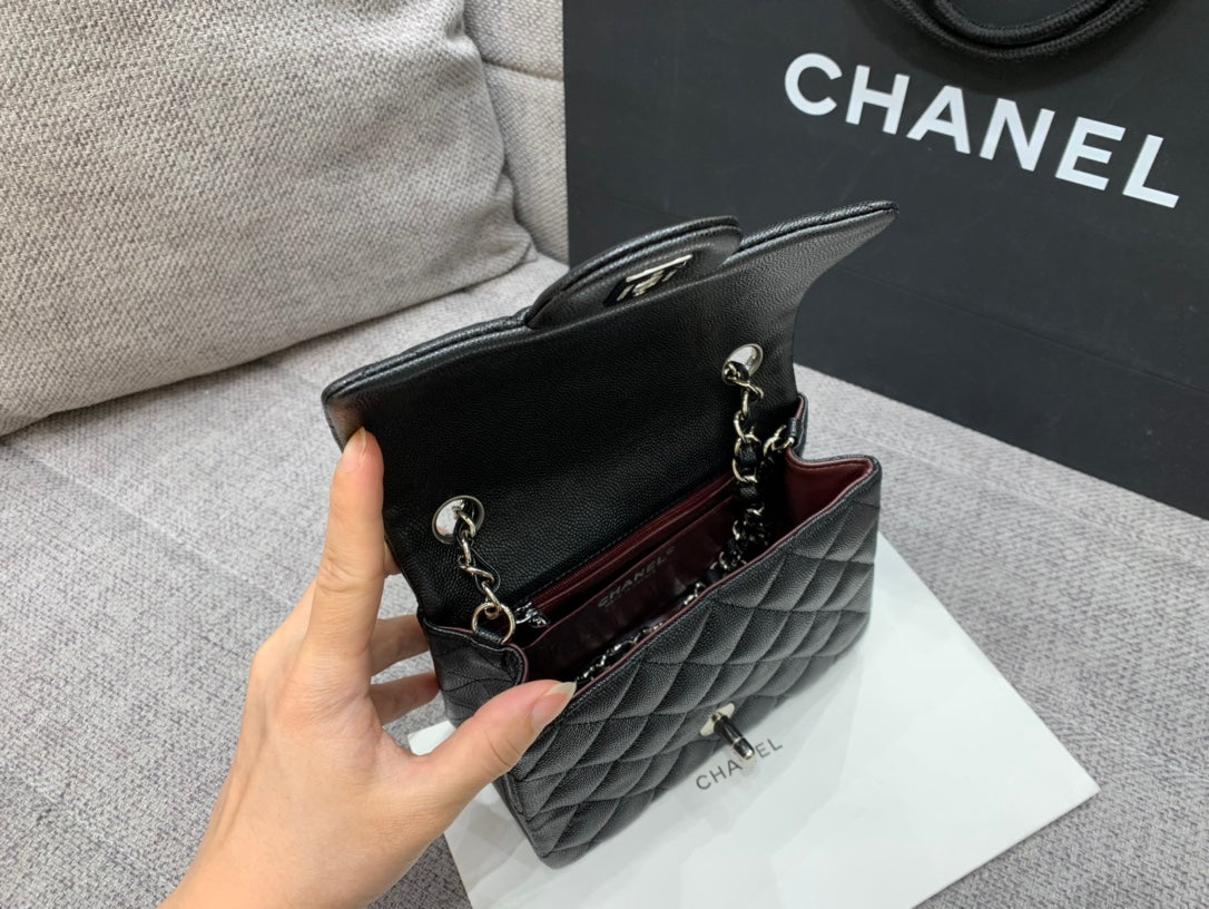 MINI SQUARE FLAP BAG 17CM BLACK CAVIAR SILVER HARDWARE