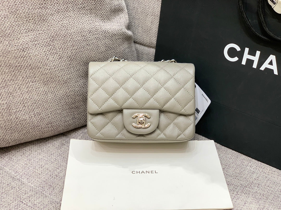 MINI SQUARE FLAP BAG 17CM GREY CAVIAR SILVER HARDWARE